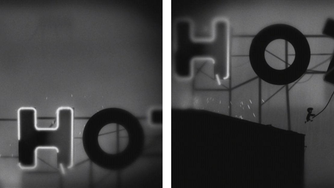 Jump across to the ‘H’ when the lights are off (left) and then quickly over to the ‘O’. Drop down the gap between the ‘O’ and the ‘H’ and swing across the gap below (right).