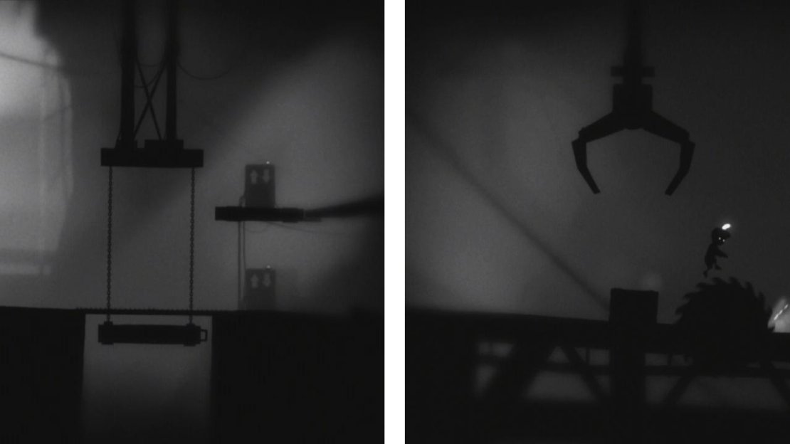 With the brain slug attached, continue past the lift and across the subsequent platforms (left). When you reach the far end, walk slowly over the swtich on the ground and use the crate to jump over the saw (right).