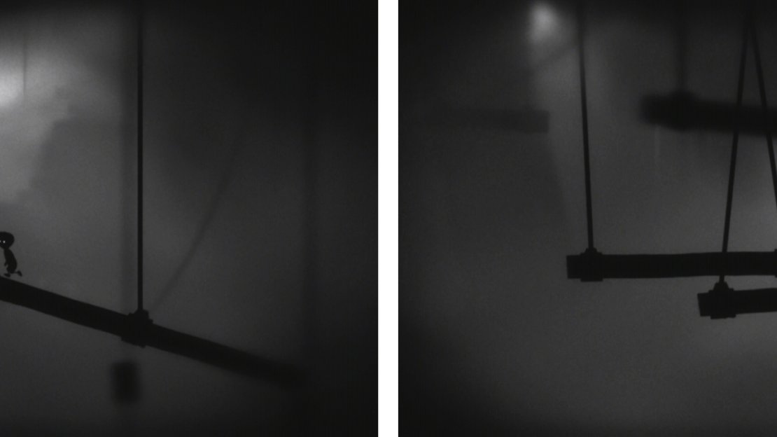 Run back and forth on the first beam to tilt it so that you can reach the next platform (left). Grab the handle on the third platform and then jump on to swing across the gap (right).