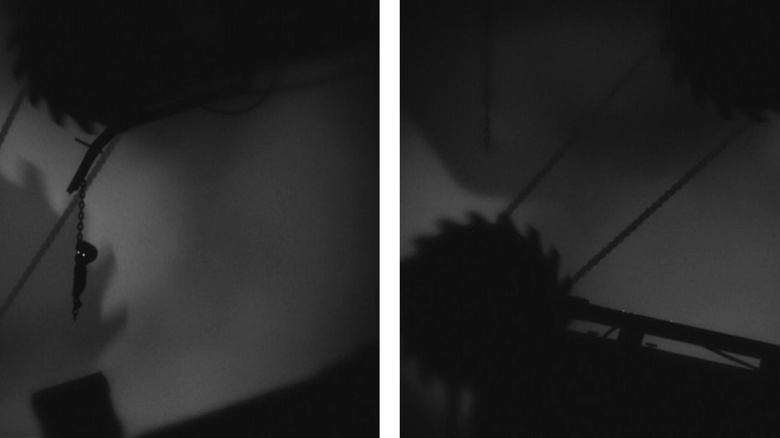 Use the box to grab the chain (left) and once the room rotates enough, drop back down onto the box again (right).