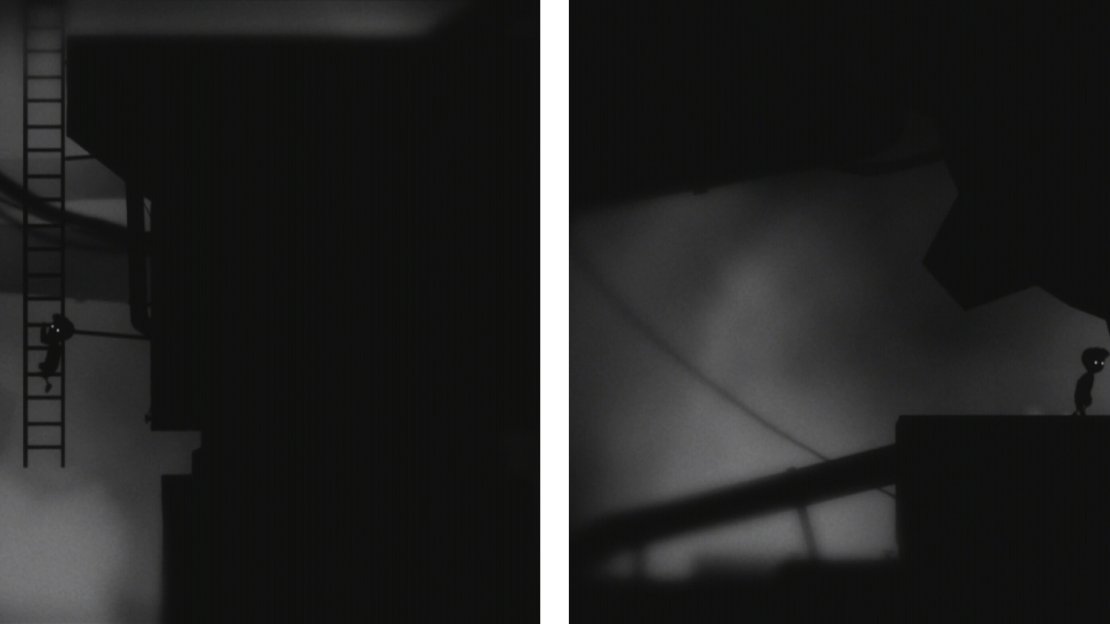 Return to the second crusher and use a box to climb up to it again. When it is safe, run across to the right and grab the ladder (left). Climb up and go right to find the hidden egg (right).