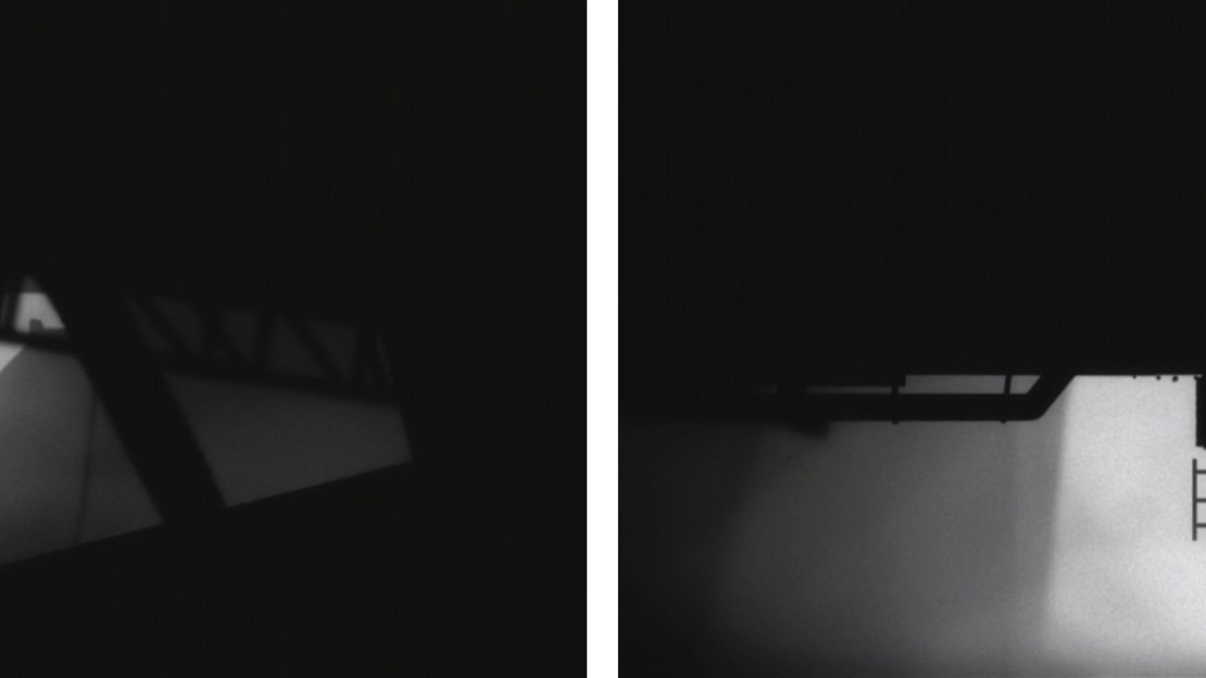 Climb down the ladder and push the box up the ramp again (left). Climb back up the ladder and grab the other crate whilst gravity is inverted (right).