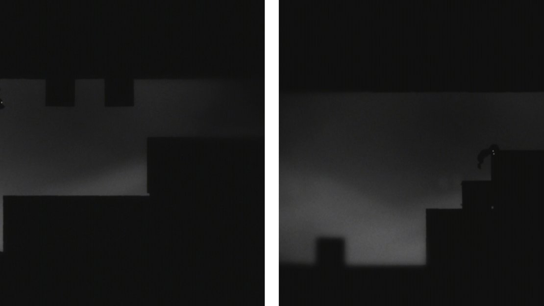 Position the crates on the roof as such (left) and then invert gravity and use the crates to climb the shifting platform (right).