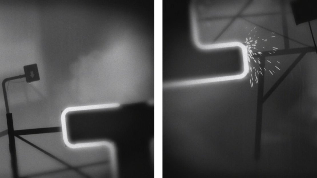 Run up the pipe and when the ‘H’ turns on, wait a second before jumping and hitting the gravity switch (left). Keep moving across and use the lower part of the ‘H’ to reach a rope below (right).