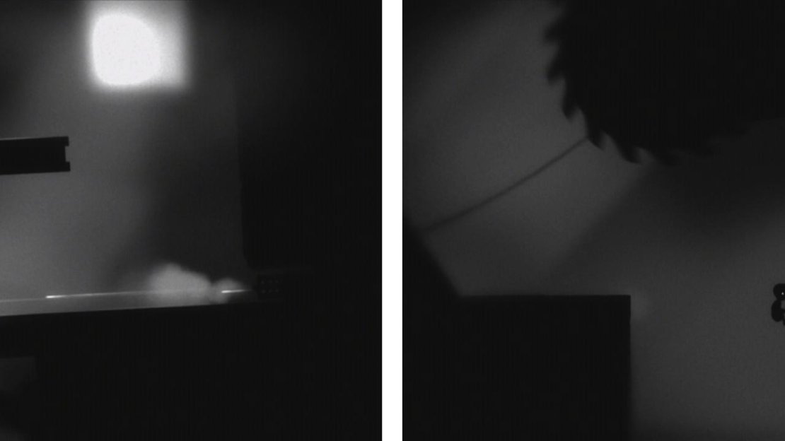 Run across the bottom of the girder to the left and position yourself under the block (left). Performing a running jump into the void below the saw when gravity is about to change to avoid it (right).