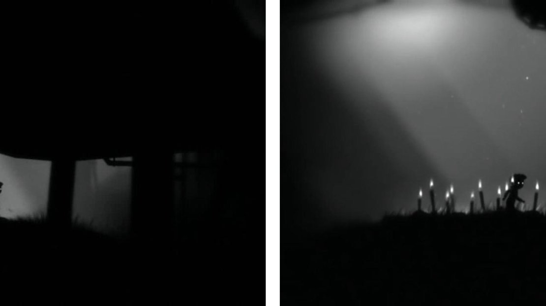 Enter the cave at the base of the ladder (left). Continue through the darkness to the right until you reach the light source to find the gate to the secret level (right).