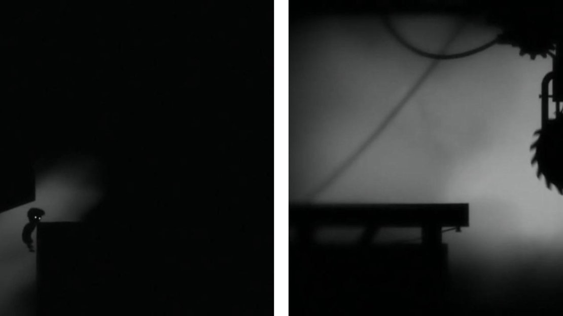 Drop down the ledge into the room below (left). Use the ledges of the gap in the centre of the room to avoid the saw (right).