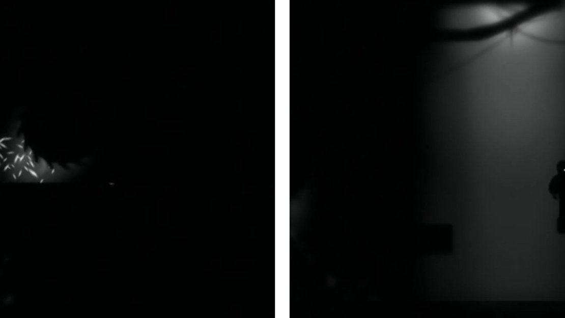 Look into the sparks to see the outline of the platform to jump to (left). Use the platform to jump to the upper platform on the right (right).