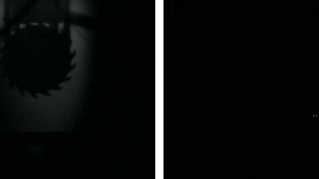 The large saw will move up and down (left). Listen to the noise it makes as it goes up. Continue into the dark and avoid the two other saw traps (right). Use your ears!