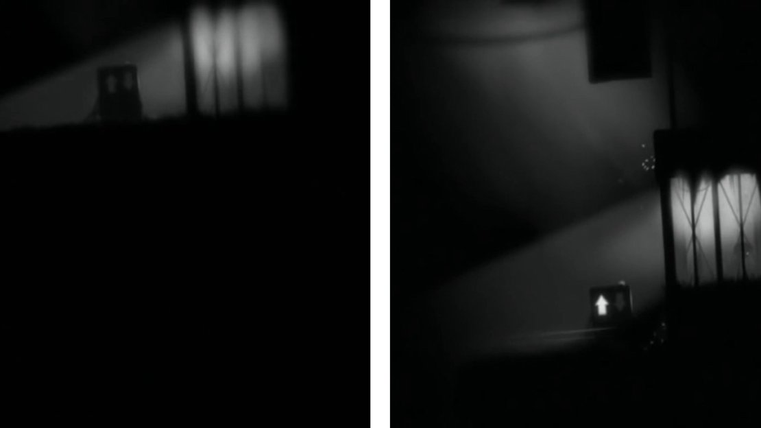 Climb the ladder whilst remaining between the machine guns (left). Activate the lift when the second machine gun is about to hit the ledge a tthe top of the ladder (right).
