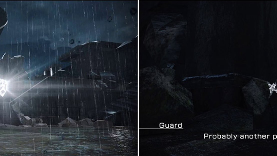 Gotta catch ‘em all (left). An example of a concealed item. Look around areas for these mirages and keep an eye on Mog’s reactions when you approach a new area (right).