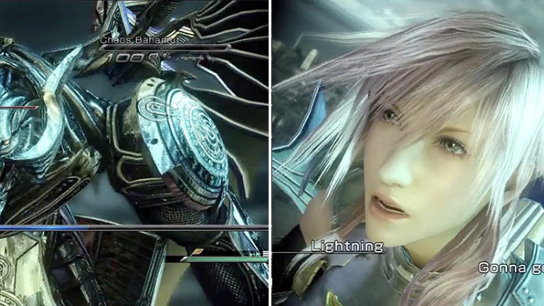 Lightning faces off versus Bahamut. Since this is the first battle, it isn’t terribly difficult but you must still be careful not to get carried away (left). Bahamut gets a little stronger this next time so be ready (right).
