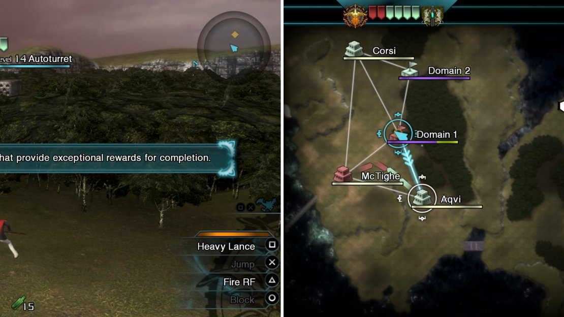Moglin has special objectives you can complete, namely destroying the Autoturret (left). Once you have control over a town, you can send troops to attack another objective (right).