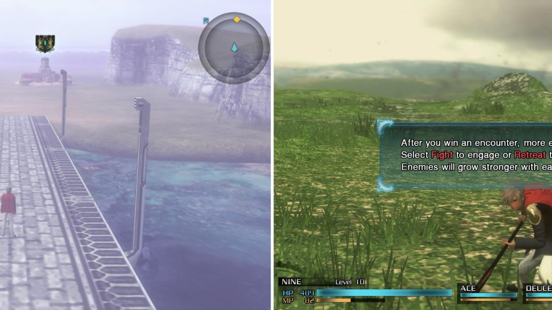 Veteran FF players will recognise the World Map (left). The Overworld is where random battles (right) take place and where you can visit towns and dungeons like you would any other FF.