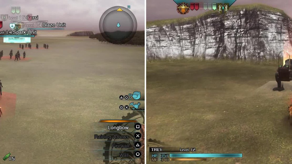 Warrior Units will head for McTighe (left) so hop on your chocobo and head over. Smash them on foot though (right) as its faster. McTighe can only take so much of a beating from them.