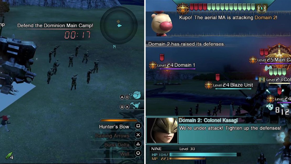 Rush back to the main camp when Moglin tells you (left). Colonel Faith doesn’t like a chocobo kicking his behind (right). He will set upon the domains you’ve captured.