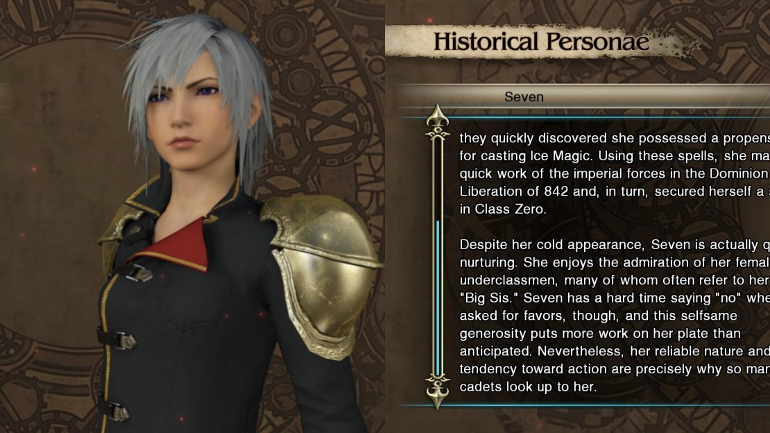 Seven is reserved around strangers but has a caring and loyalty for those closest to her that has earned her a reputation as the big sister of Class Zero.