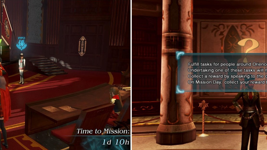 People you can talk to for events have an exclamation mark above their heads (left). You can also fulfill tasks for other people around Orience (right) noted by the “Task” icon.