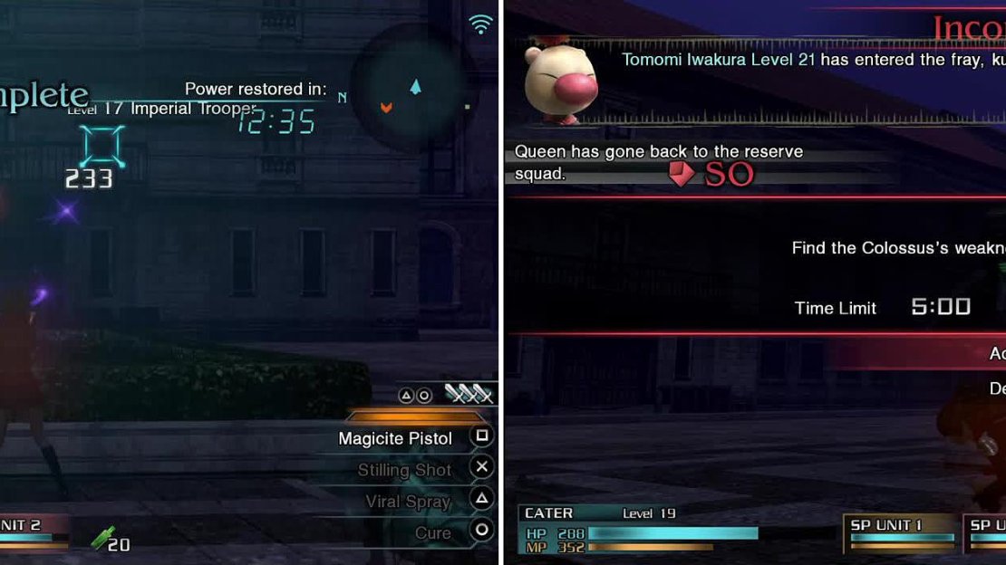Shoot the soldiers around the ledges for the first SO (left). The second will pop up once the CO in the Colossus appears (right). Use a Thunder spell on it to complete.