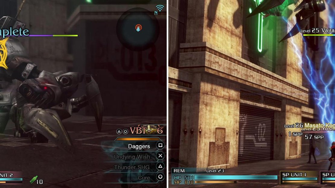 If you inflict a Breaksight or two, you will get repeated Breaksight opportunities (left). When Vajra is on a building, used ranged attacks like Thunder (right) to knock it off.