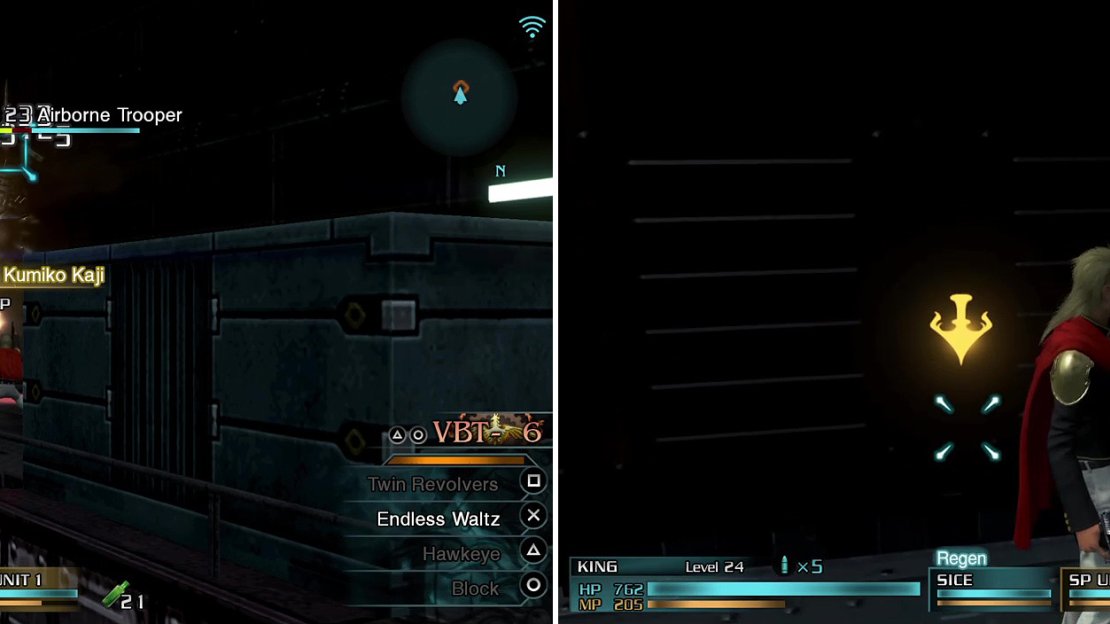 Watch out for the Airborne Troopers (left). To get around the train, look for the yellow marker (right) that allows you to build platforms across.