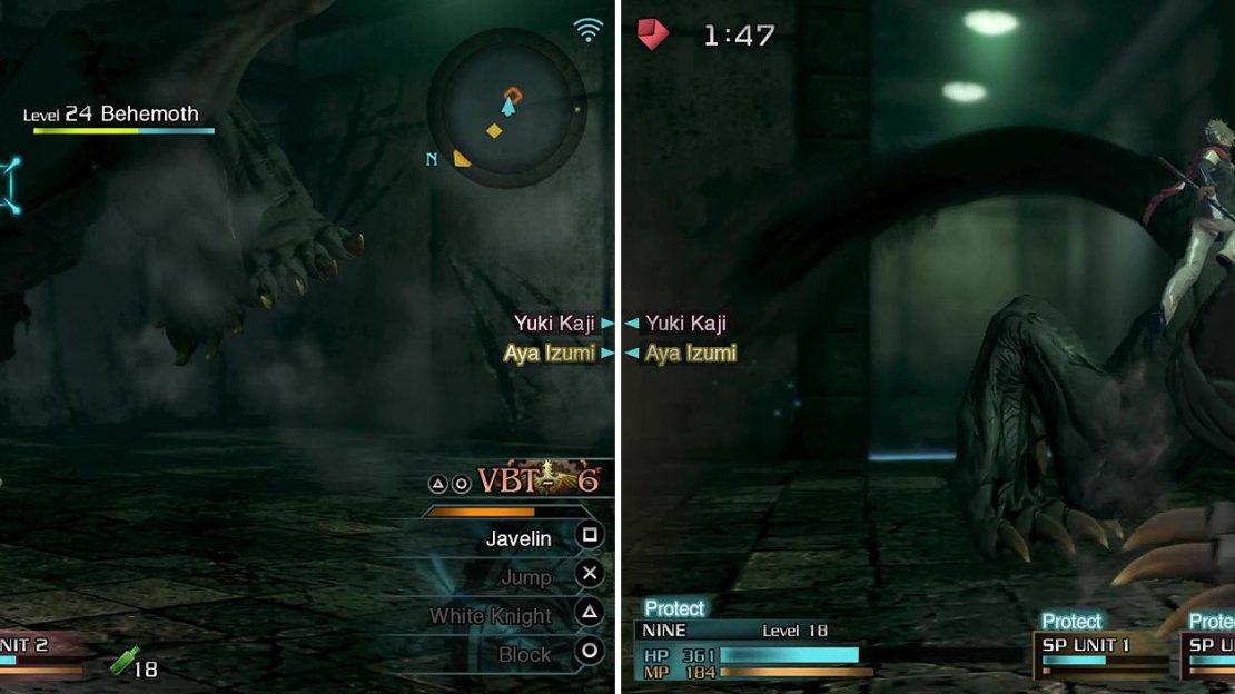 The Behemoth can do a 360 spin (left) to send you all flying. After an attack, you will always get a breaksight opportunity. Jump is excellent if timed correctly (right).