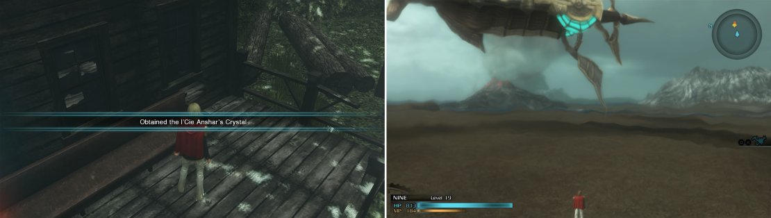 You can find a l’Cie crystal here (left). The airship lies a way northeast noted by the yellow marker on your map (right).