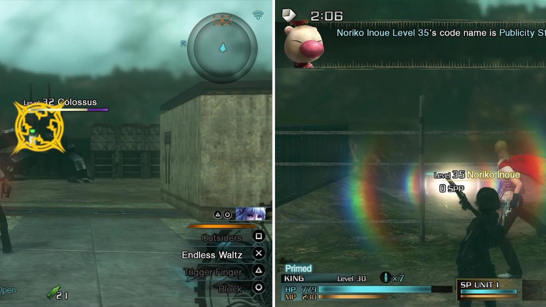 King is a good solo choice (left) if you have him levelled well, given his high HP and good defense if you equipped him correctly. If you have SP Support active, you can get help during this section (right).