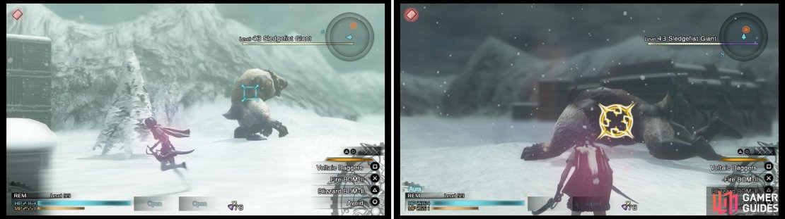 The Sledgefist Giant (left) is just a normal Snow Giant, except it has a lot of health. Use Breaksights (right) to whittle its HP down.