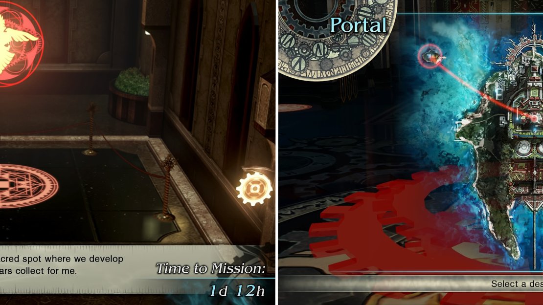 Look out for the red portals around Akademeia that are used as transports to other places (left). The main hub in the central hall is where you can access most of the facilities (right).