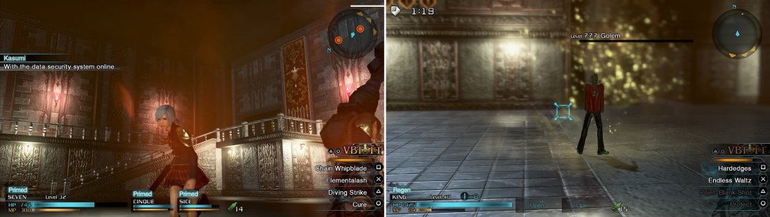 After activating the security system, a friendly Golem (left) awaits you. You don&rsquo;t have to kill it, but it can be fun (right).