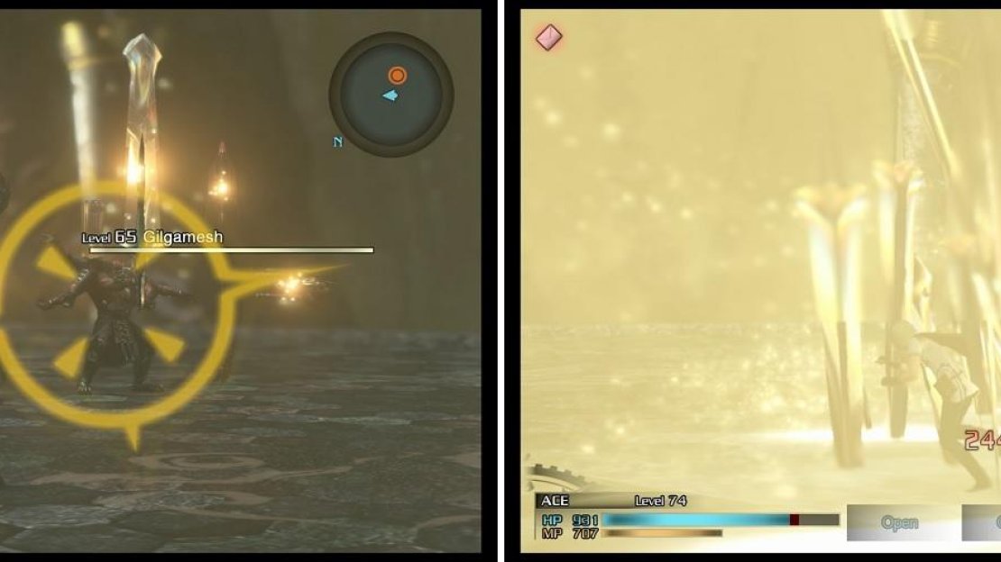 When you see Gilgamesh raise his weapons and give off a golden glow (left), be ready to dodge to avoid as much damage as possible when the various weapons come falling down (right).