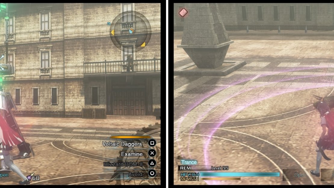 Interact with the communication tower (left) to make a colored circle appear (right). Stay inside it until it disappears to disable the communications.