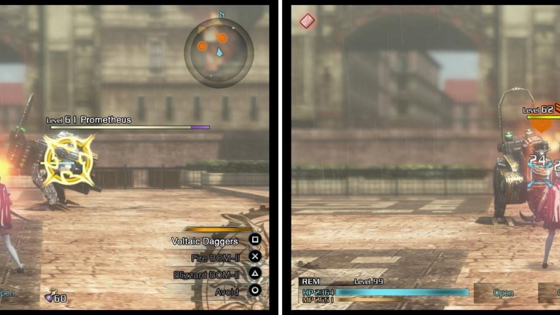 The Prometheus enemies (left) are quite a high level, but you have help from the friendly Bombs (right), making things slightly easier.
