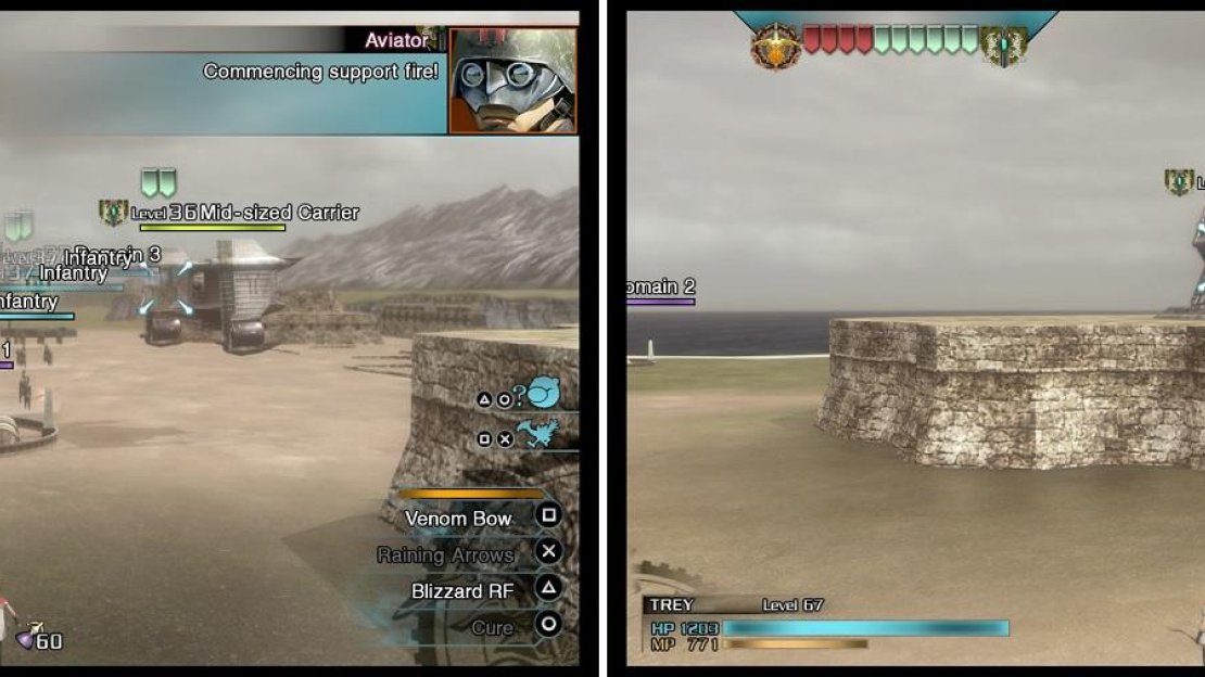 The start of the battle will put you right into the action, with a Carrier (left) attacking your Domain 1. A ranged character, such as Trey, will be able to hit the Autoturret (right) perched on top of the structure from the ground.