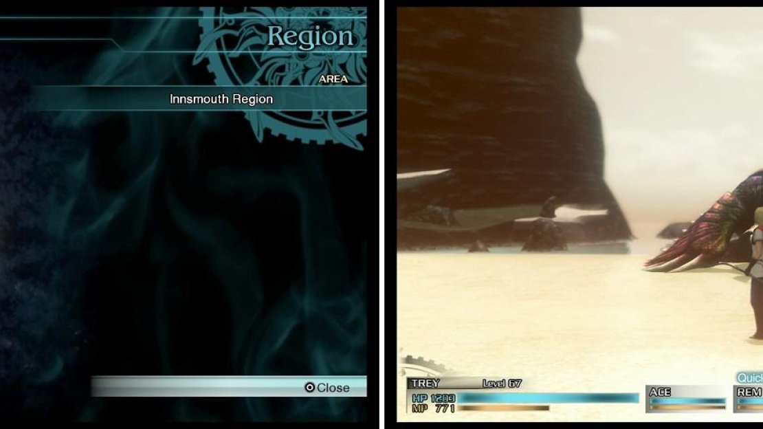 The location of the dungeon on the overworld (left), as well as the giant Adamantoise you will fight on any visit past the first (right).