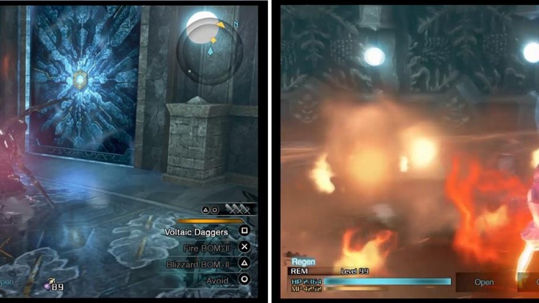Do Rem’s first normal attack (left) and then spam the button assigned to either magic to instantly cast the -aga spell (right).