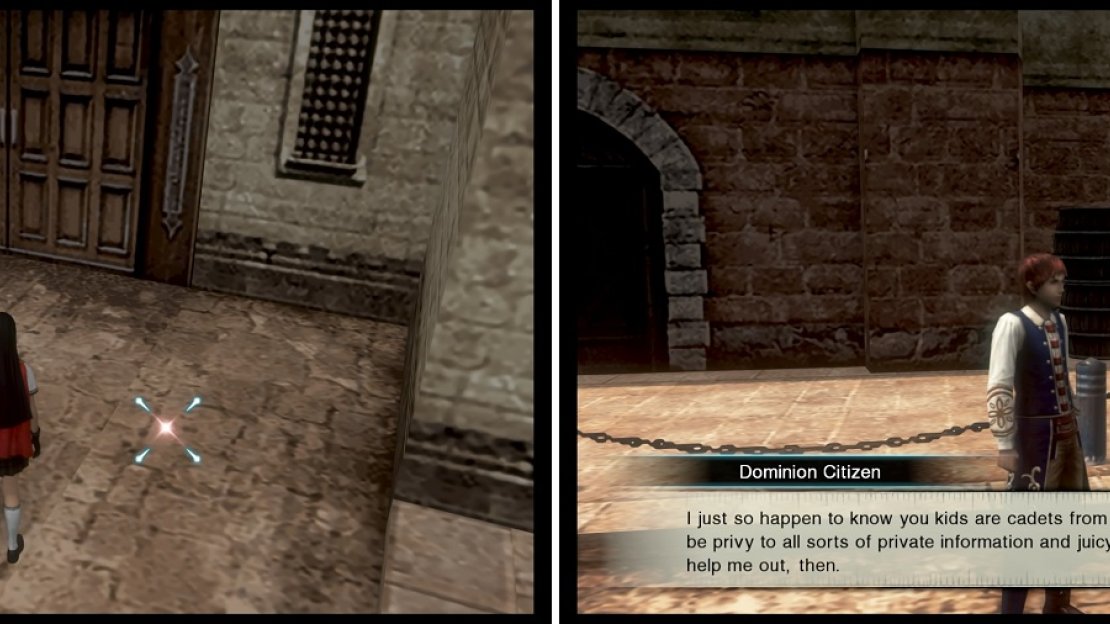 A few towns will have a l’Cie Crystal on the ground (left). Most, however, will require you to do a short sidequest in the town, with the Crystal as a reward (right).