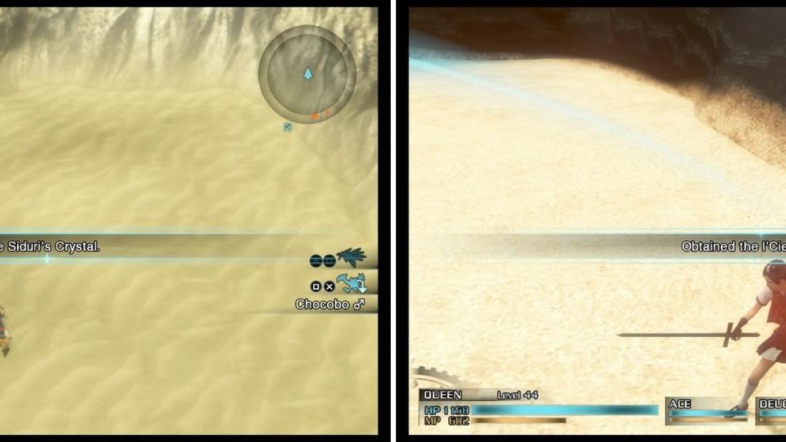 Besides towns, you will also find l’Cie Crystals on the overworld (left) and in dungeons (right).