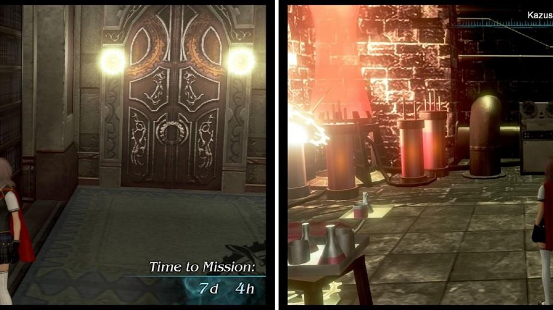 Kazusa’s Lab (once you meet him for the first time) can be found behind a bookcase in the Crystarium (left), but he’s only there when there’s less than six hours on any given day (right).