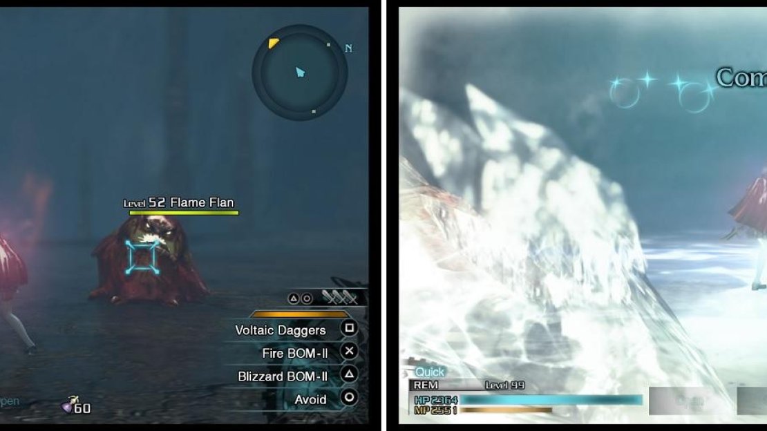The Flame Flans (left) you will encounter shortly are a lot higher in level than the suggested one. For the SO you will get against them, any ice-elemental attack will do (right).