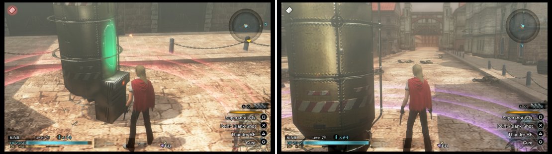 Stand inside the colored circle (left) to disarm the bomb. It helps to leave all of the enemies&rsquo; bodies on the ground (right), so they don&rsquo;t knock you out of the circle.