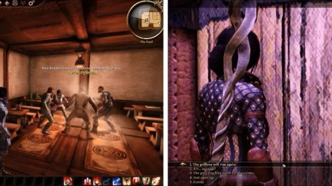 Isabela can be seen fighting some thugs off in the corner. Speak to her to learn the Duelist specialization (left). Approach the door with the password “The griffons will rise again” (right).