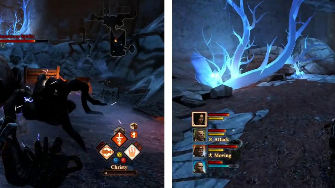 Kill the monstrous spider to loot the area (left). Continue through the caves killing darkspawn as you go (right).