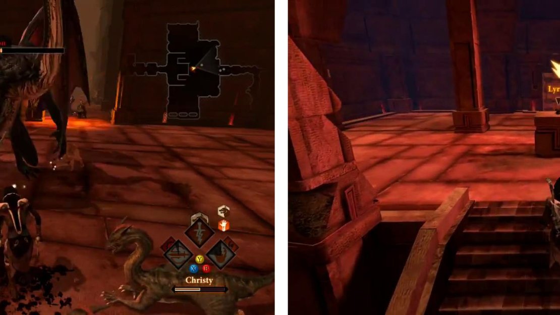 Defeat the dragon (left) and then continue through the next few rooms and grab the lyrium idol (right) for a scene.
