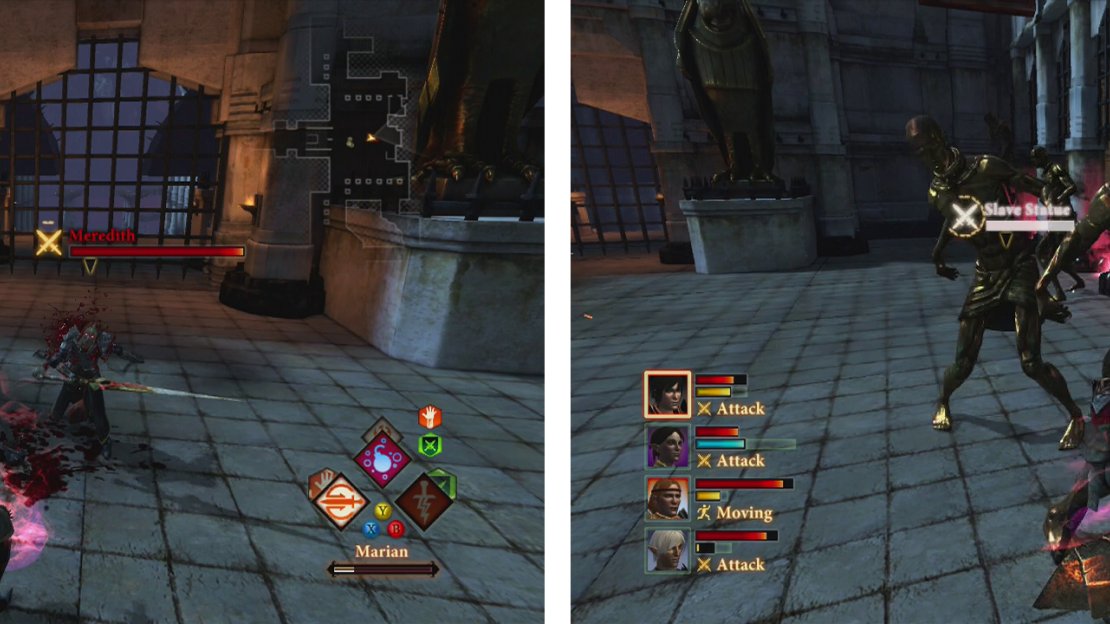 Focus on Meredith herself (left) and focus on the animated statues when she is not around (right).
