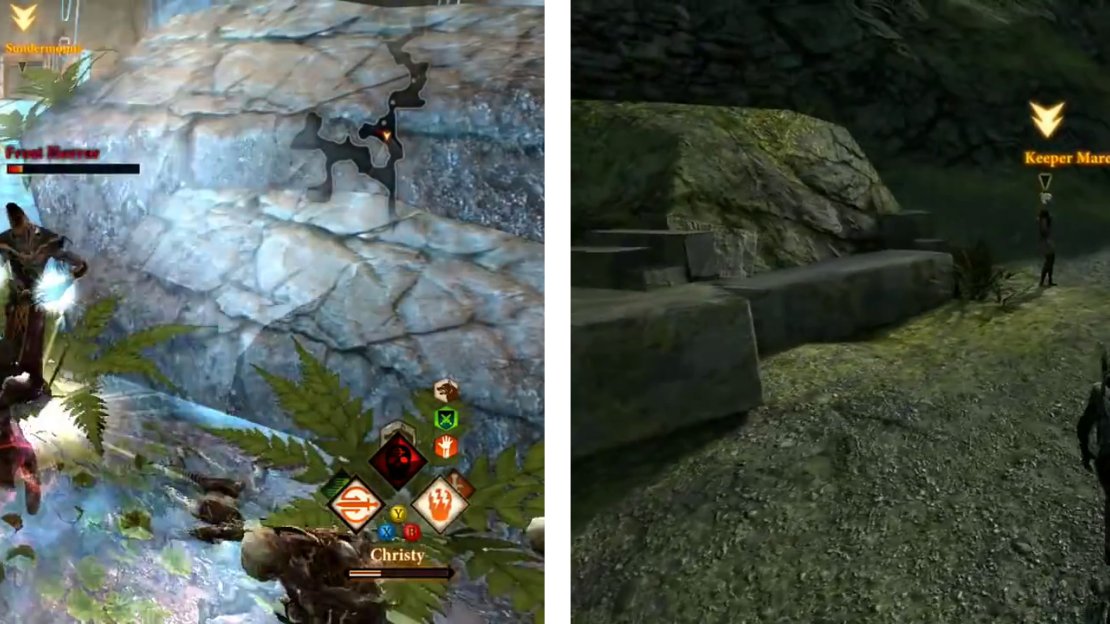 Fight your way back to the entrance (left). Return to the Keeper to hand in the quest (right).