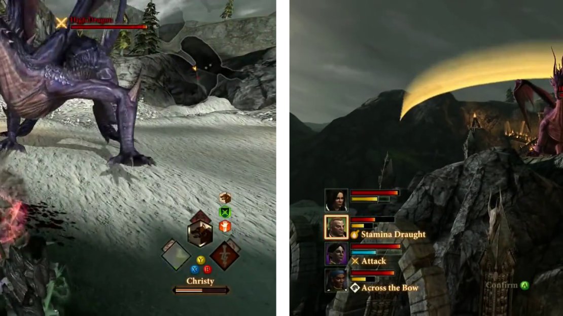 The dragon will fight on both the ground (left) and from a perch in the centre of the area (right).