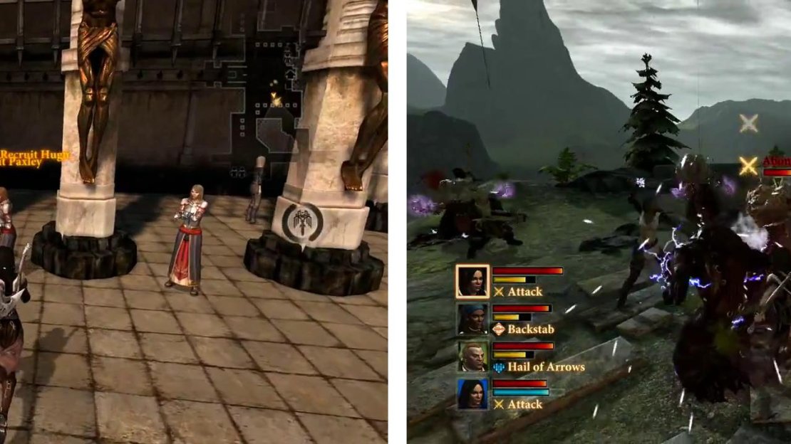 Talk with the templars in the Gallows (left) and then make your way to Wilmod’s camp for a scene and fight (right).