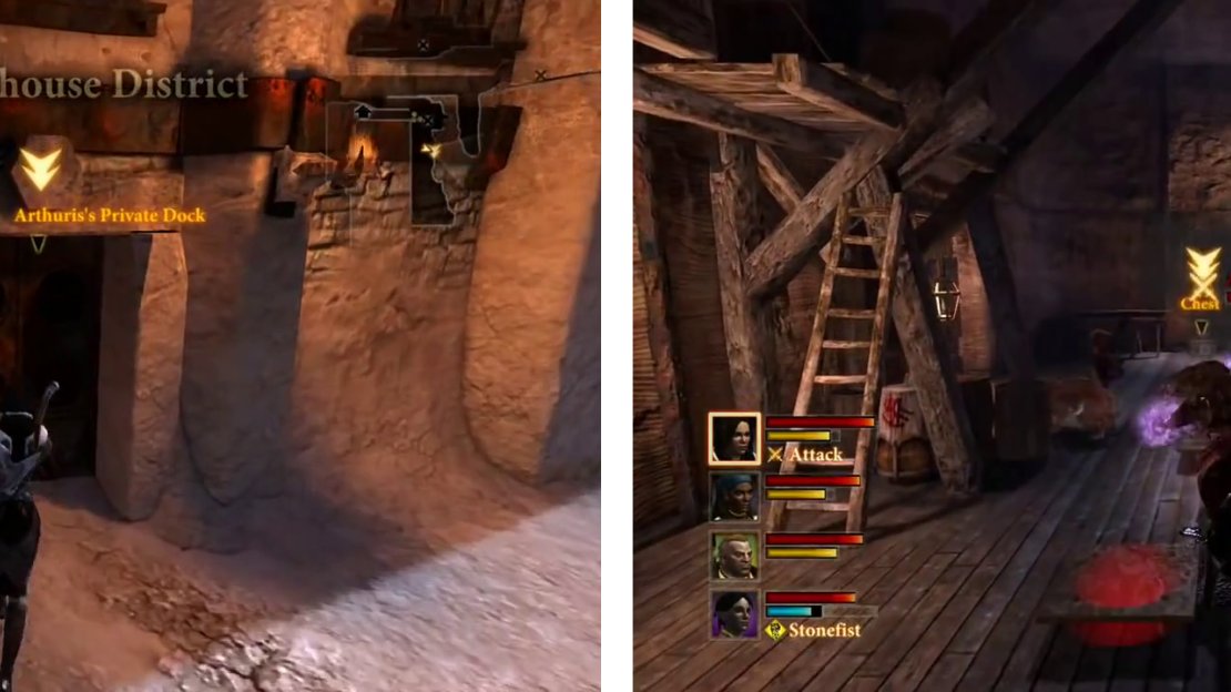 Enter Arthuris’s Private Dock and fight your way through and loot the marked chest (right).